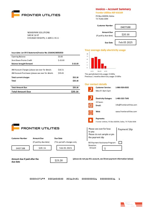 USA Texas Frontier Utilities business utility bill template in Word and PDF formats